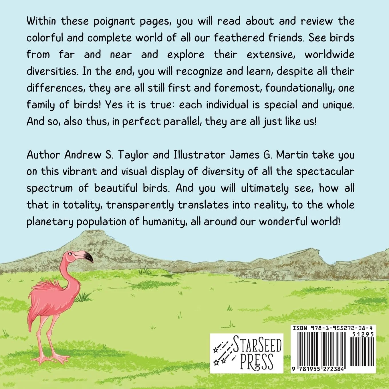 Back cover of a children's book featuring a pink flamingo standing on green grass with mountains in the background and a block of text about bird diversity, the authors, and the illustrations.