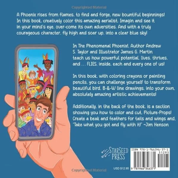 The back cover of a children's coloring book featuring a smartphone screen displaying a colorful illustration of a group of children and a bird, with blue background and white text describing the book's content and authorship.