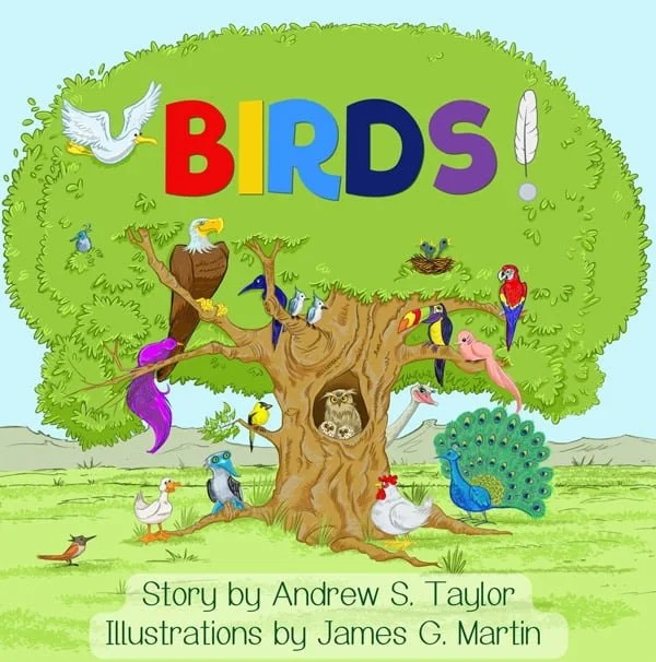 Colorful illustrated book cover with a large green tree filled with various birds, including a dove, hawk, parrot, peacock, and owls, with the word "BIRDS" in big multicolored letters and an exclamation mark at the top. The bottom has the story title and authorship information.