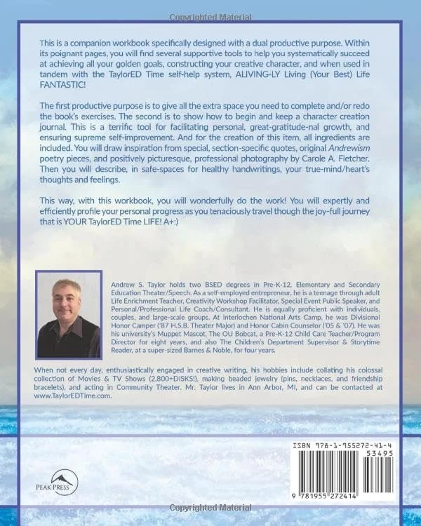 Back cover of a workbook with descriptive text about its purpose, features, and author. Includes author photo and publisher logo.