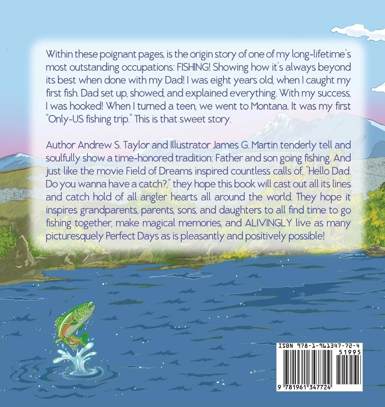 Back cover of a children's book with a mountain landscape and water scene, featuring a jumping fish, and text about fishing and family traditions.