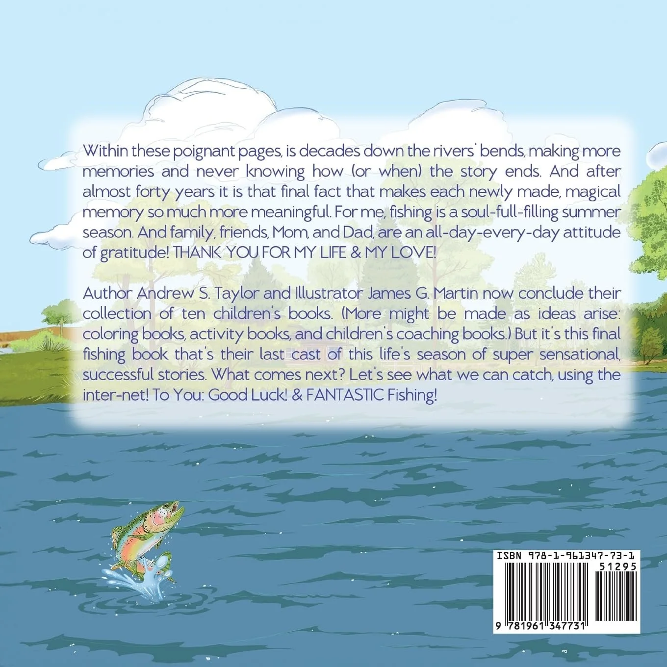 Back cover of a children's book with a fishing scene, featuring a fish jumping out of the water and a landscape with trees and sky, along with a synopsis and barcode.