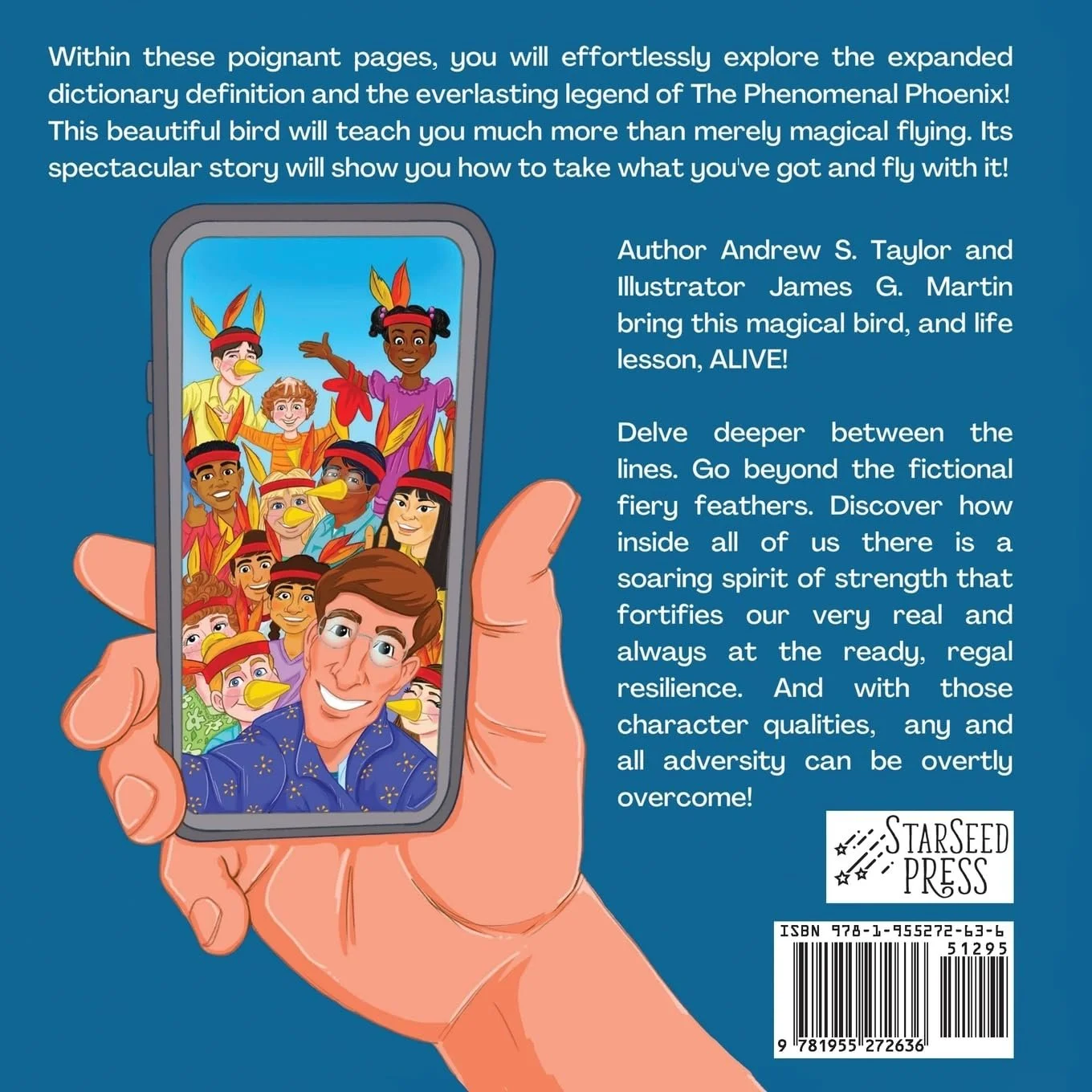 Back cover of a book showing a person taking a selfie with a group of characters dressed as talking birds and humans in colorful feathers and outfits, animated style.