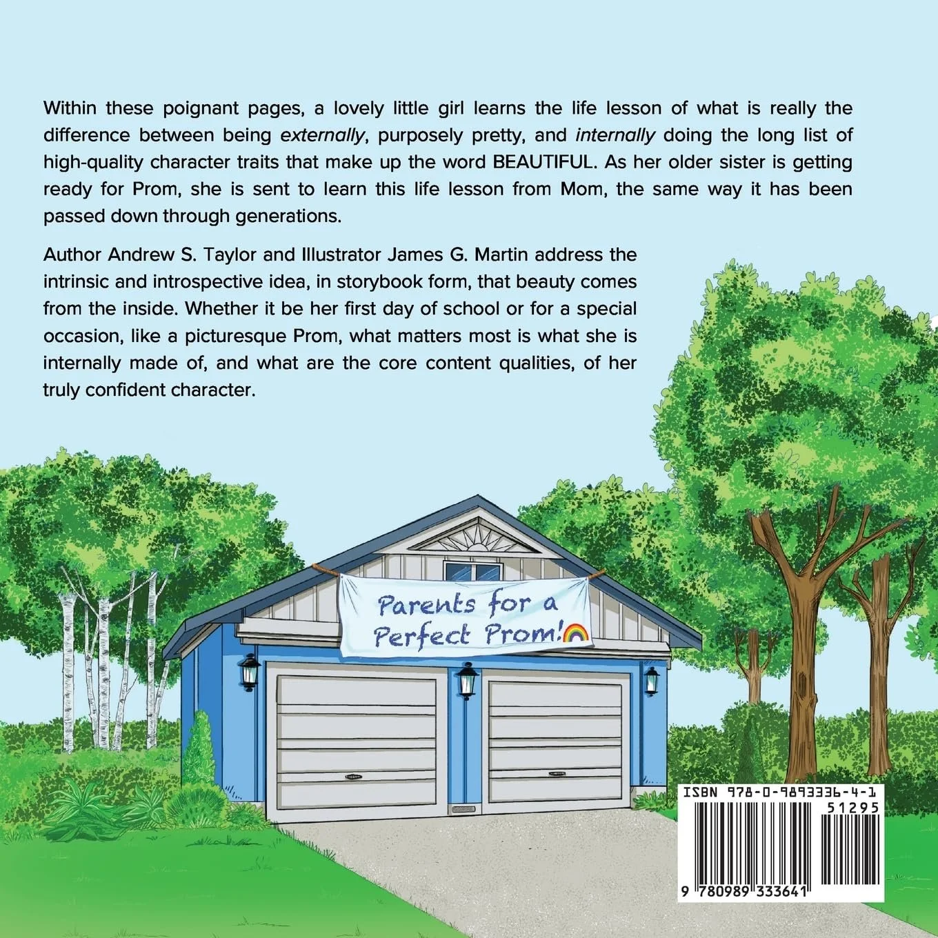 Book page with a drawing of a blue garage with a banner reading "Parents for a Perfect Prom!" and a rainbow, trees and green grass in the background.