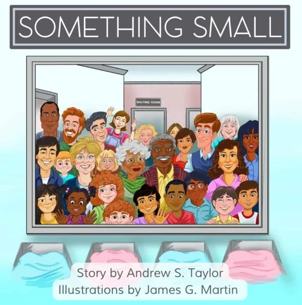 A diverse group of people gathered happily in a small room labeled 'Waiting Room' with a sign that says 'Something Small' at the top. The illustration features various ages and ethnicities smiling and posing for the picture.