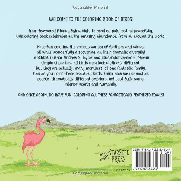 Back cover of a coloring book about birds, featuring a pink flamingo standing on green grass with hills in the background, and text describing the book's theme and authors.