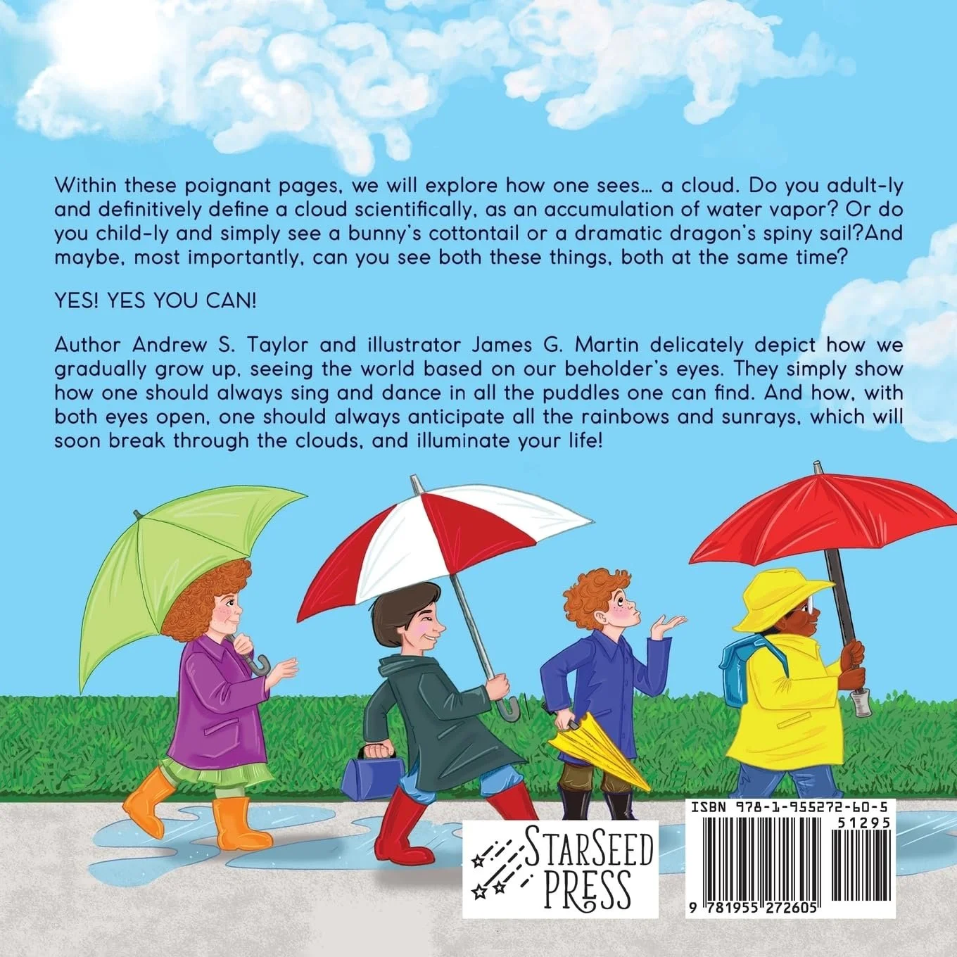 Children walking on a rainy day with umbrellas, wearing raincoats and boots, under a partly cloudy sky.