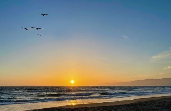 Sunset over the ocean with waves crashing on the beach, three birds flying in the sky, and mountains in the distance.