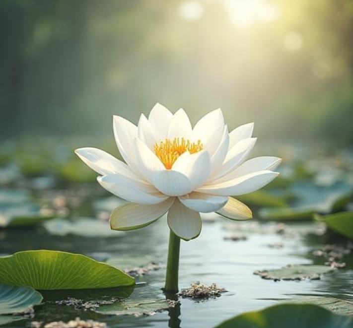 A white water lily with yellow center blooming on a pond with green lily pads, sunlight in the background.