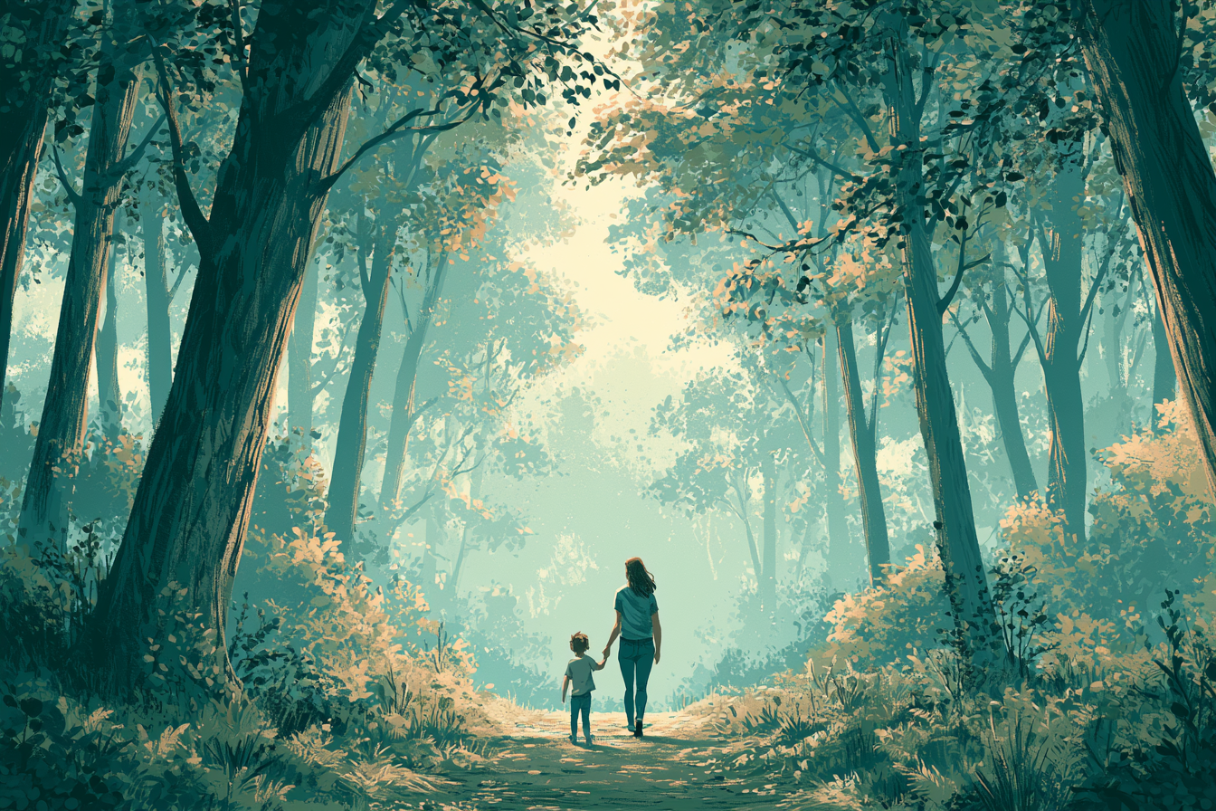 A parent and child walking together through a forest