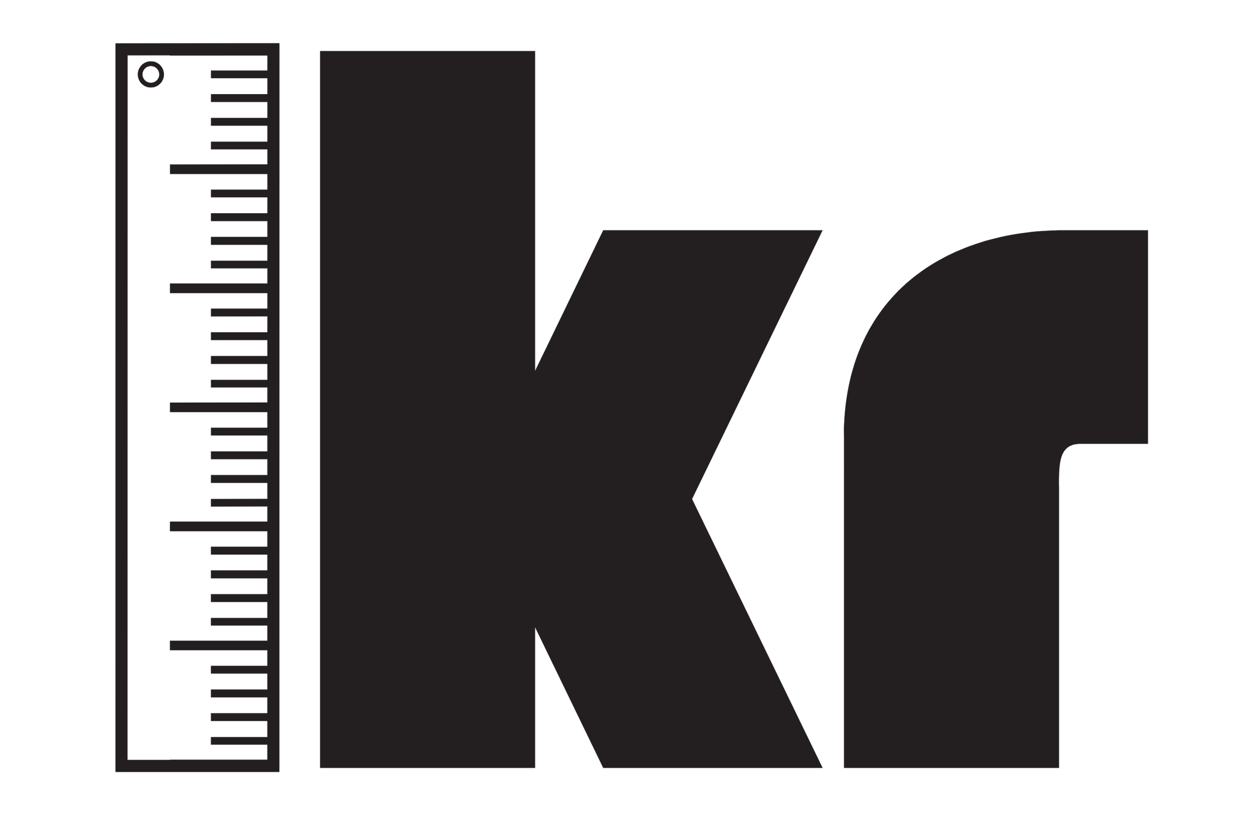 Black and gray logo with a ruler on the left, the letters 'K' and 'r' in bold uppercase in the center and right.