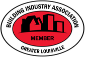 Logo of Building Industry Association with a city skyline in black, red oval background, and text indicating membership in Greater Louisville.