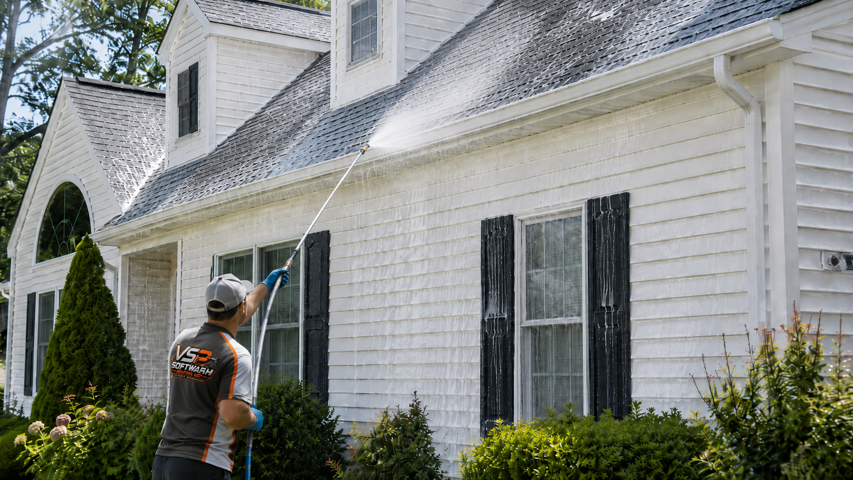 vsp softwash solutions LLC associate spraying a residential roof and siding with cleaning solution while wearing company branded shirt