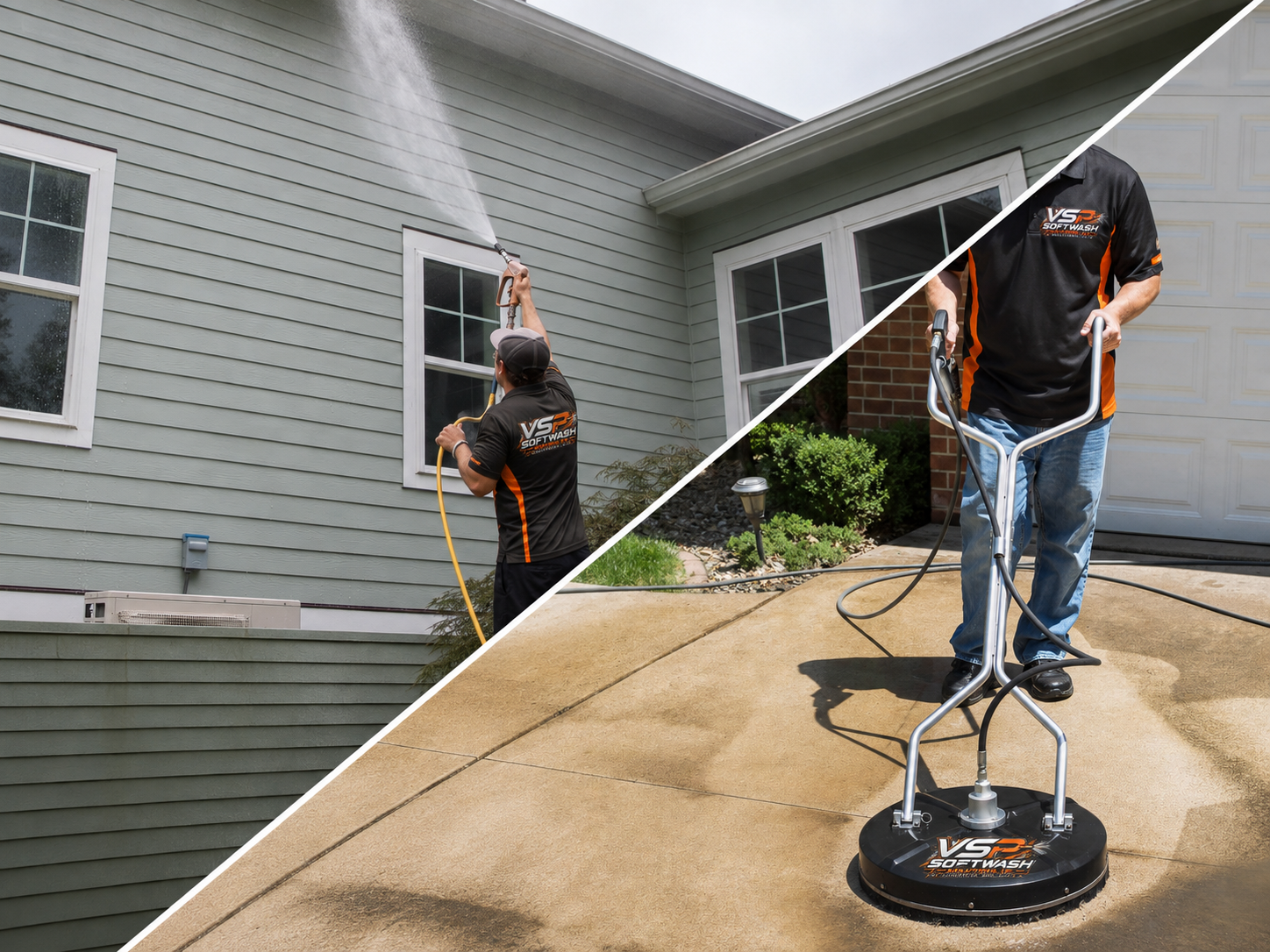A split image of two men cleaning the exterior of a home. One is washing siding, the other is surface cleaning the driveway.