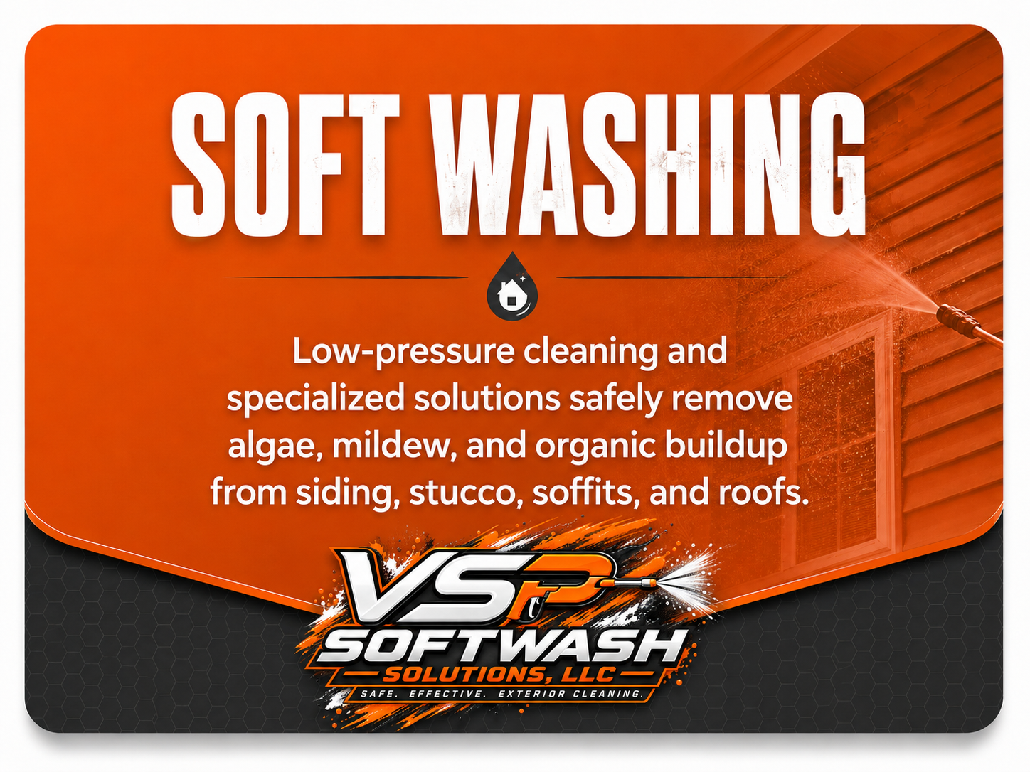 informational website card explaining the process and uses of softwashing