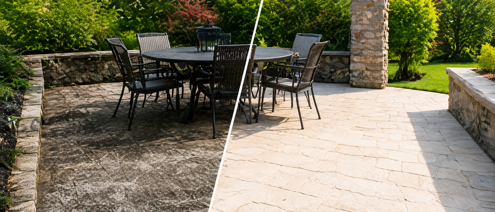 Image showing residential patio halfway cleaned. before and after effect. Work done by VSP SOFTWASH SOLUTIONS LLC