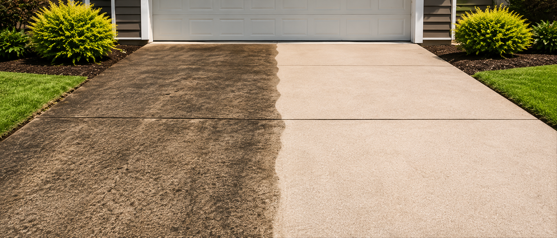 Image showing residential driveway halfway cleaned. before and after effect. Work done by VSP SOFTWASH SOLUTIONS LLC