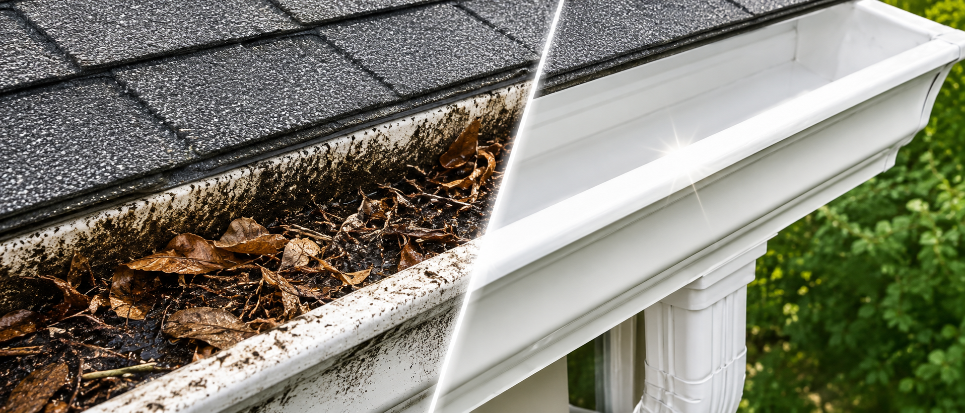 Image showing residential home gutters halfway cleaned. before and after effect. Work done by VSP SOFTWASH SOLUTIONS LLC