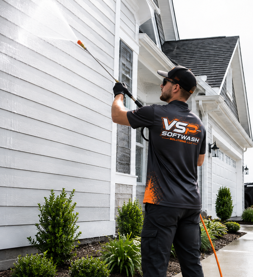 VSP SOFTWASH SOLUTIONS LLC associate softwashing residential home siding, wearing VSP SOFTWASH SOLUTIONS LLC branded shirt and cap