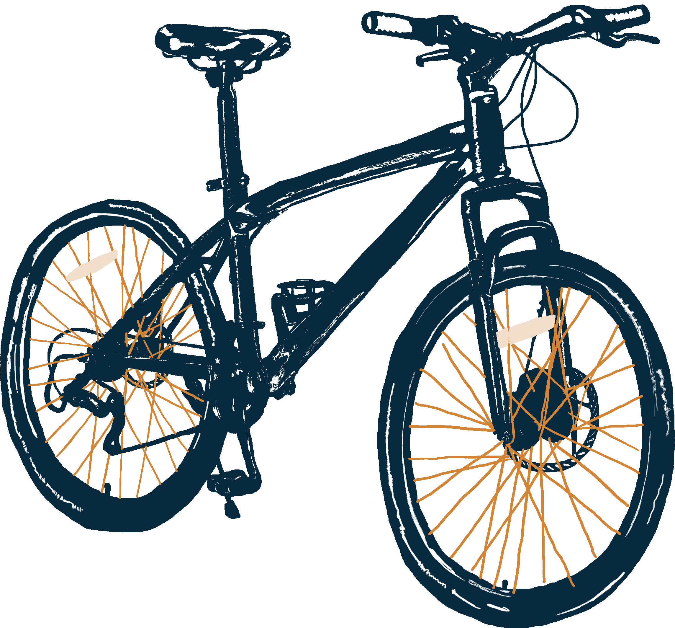 Illustration of a mountain bike with a dark frame, orange spokes on the wheels, and white reflectors on the wheels.