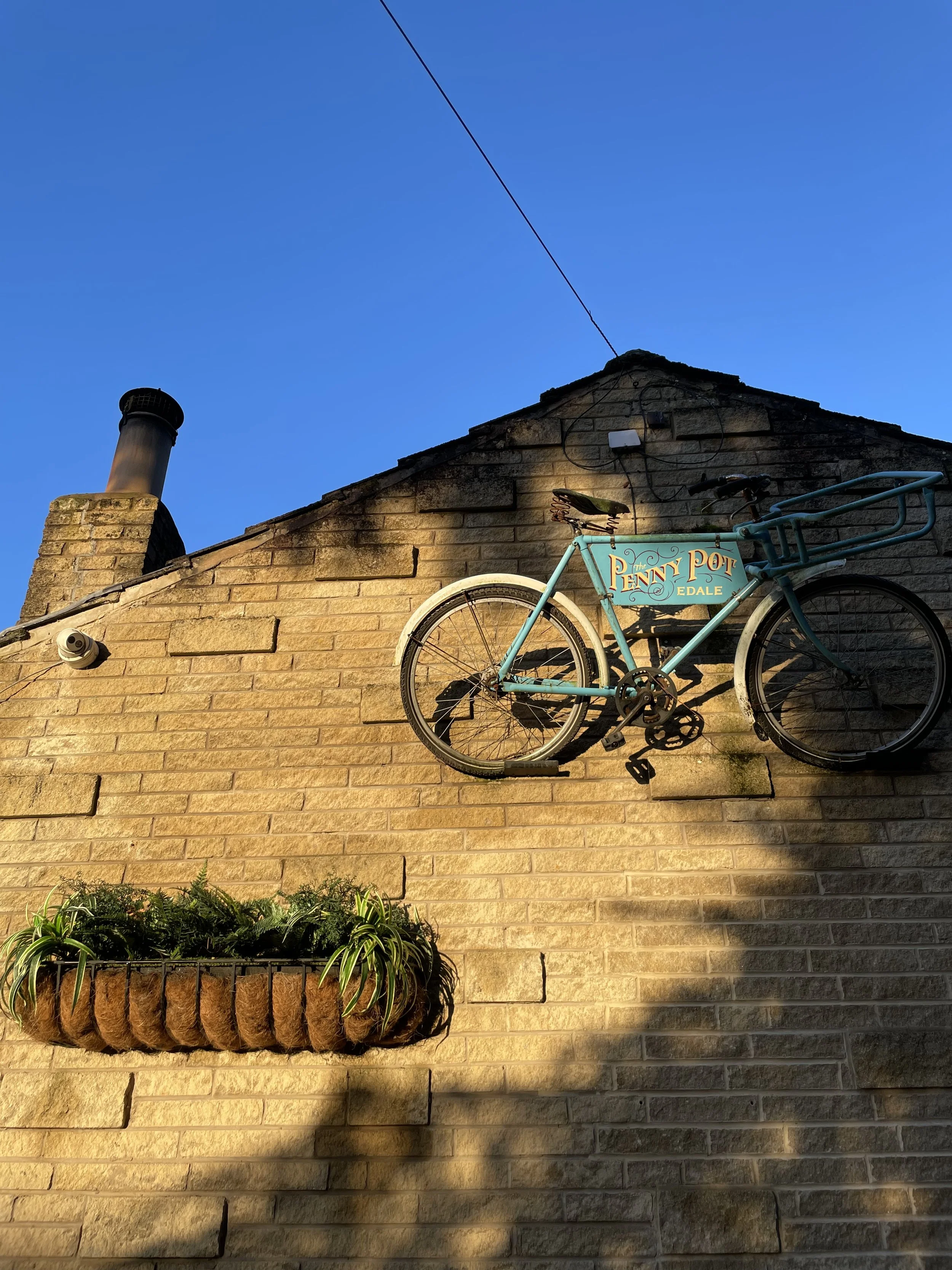 A vintage blue bicycle mounted on a brick wall with a sign that reads 'The Penny Pot Edale', above a window box with green plants, all illuminated by sunlight against a blue sky.
