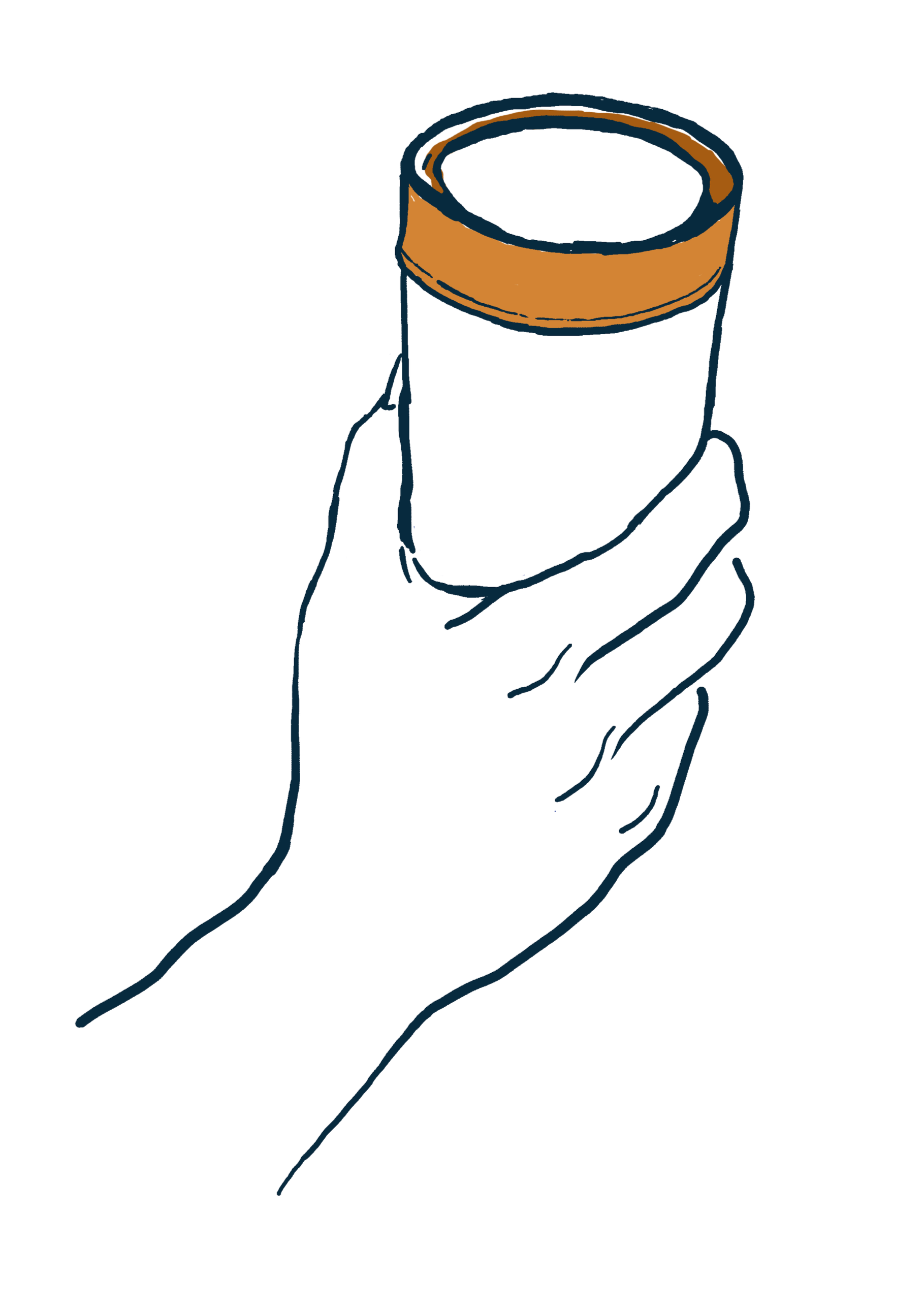 Line drawing of a hand holding a cylindrical object with an orange band around the top.