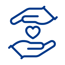 Two hands holding a heart, represented with simple blue line art.