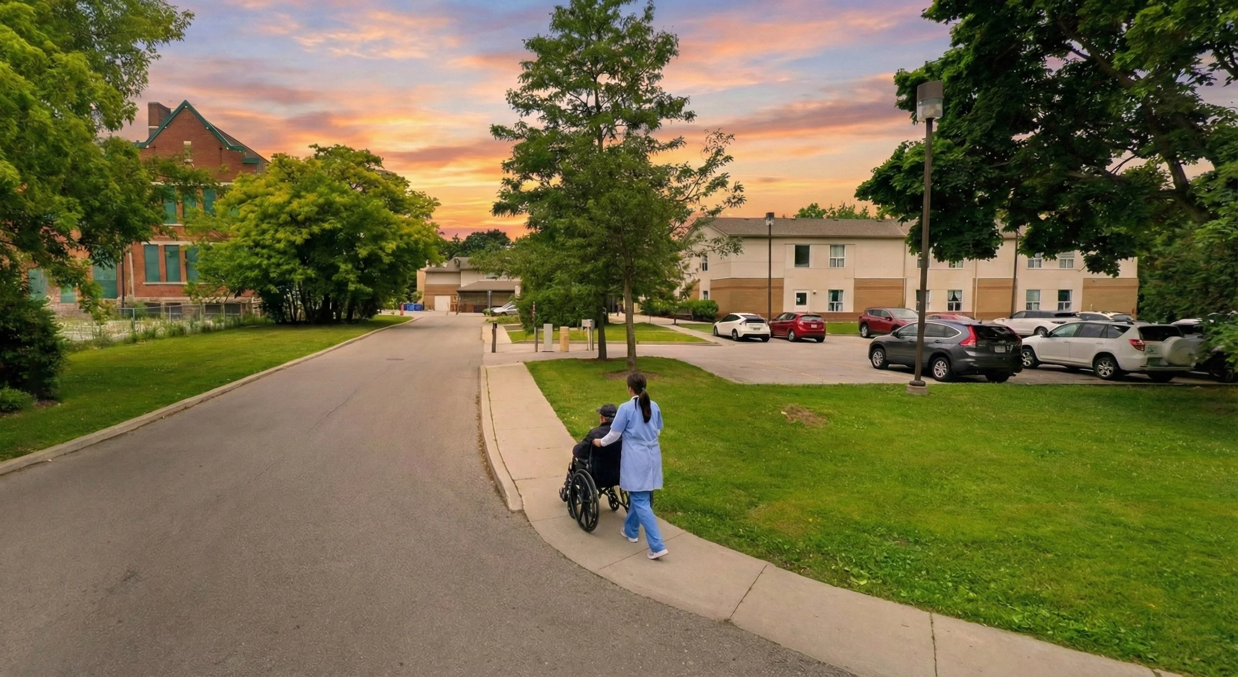 A healthcare worker pushes a person in a wheelchair along a sidewalk in a residential area during sunset, with parked cars and apartment buildings in the background.