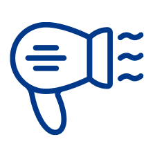 Blue line drawing of a megaphone with sound waves coming out of it.