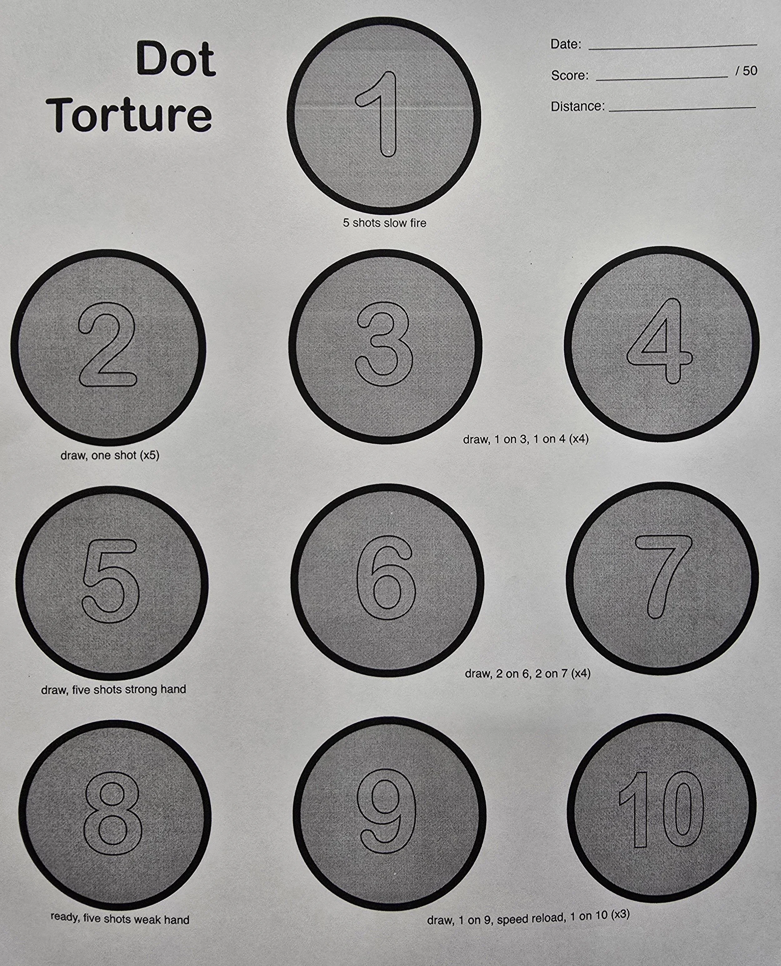 A target practice sheet with ten numbered circles, each with specific shooting instructions, used for aiming training.