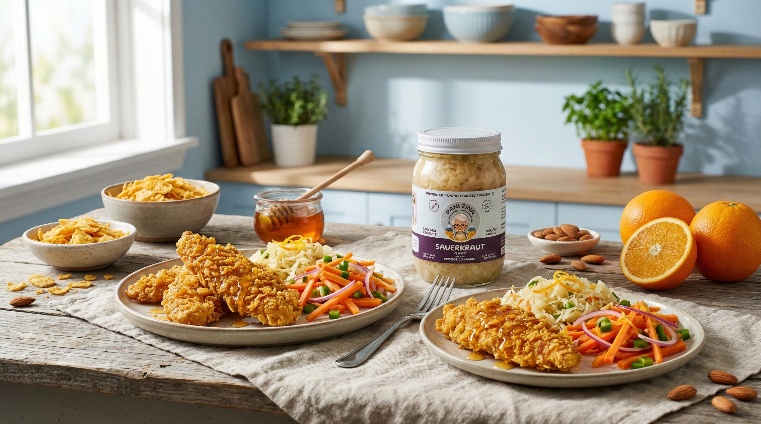 Oven-Crisped Cornflake Chicken with Zesty Kraut Slaw