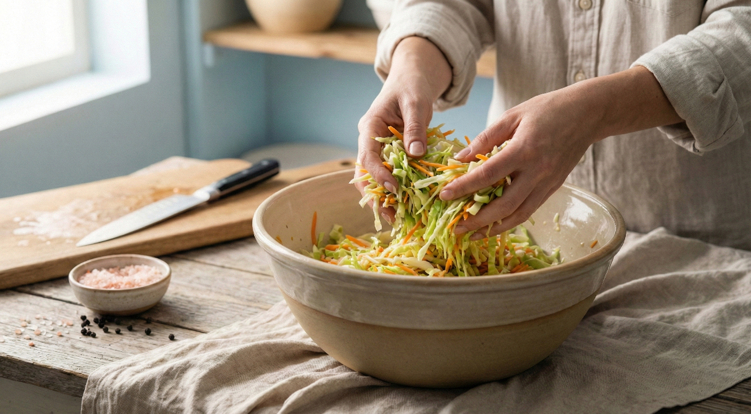 Person mixing shredded cabbage and carrots in a large bowl in a kitchen.