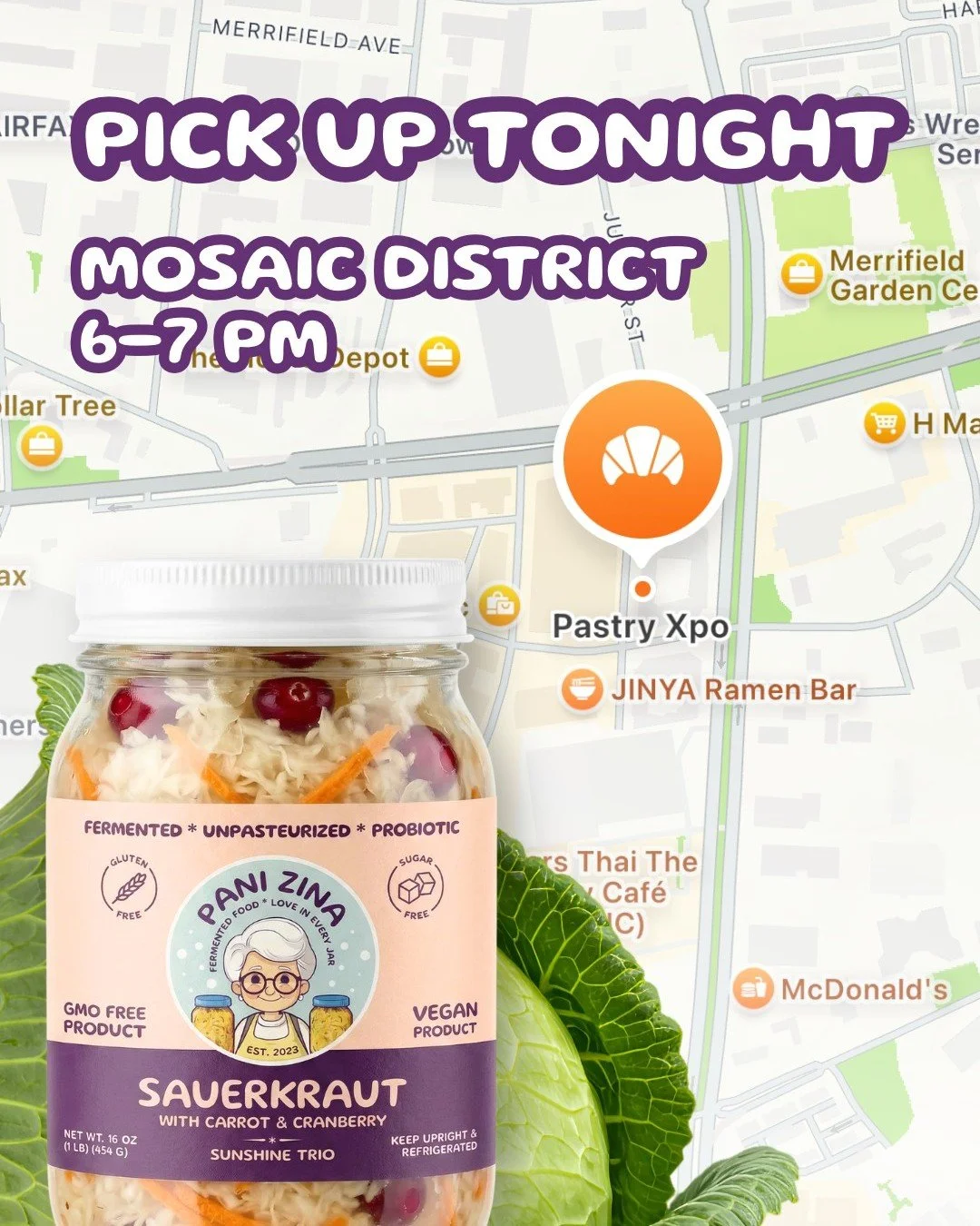 We'll be at Mosaic District this evening 🌿 Whether you've been meaning to try Pani Zina or ready to stock up, this is your chance 🫙

Place your order on our website or DM us by 5 PM and pick it up at Pastry Xpo, 8190 Strawberry Ln around 6-7 PM ton