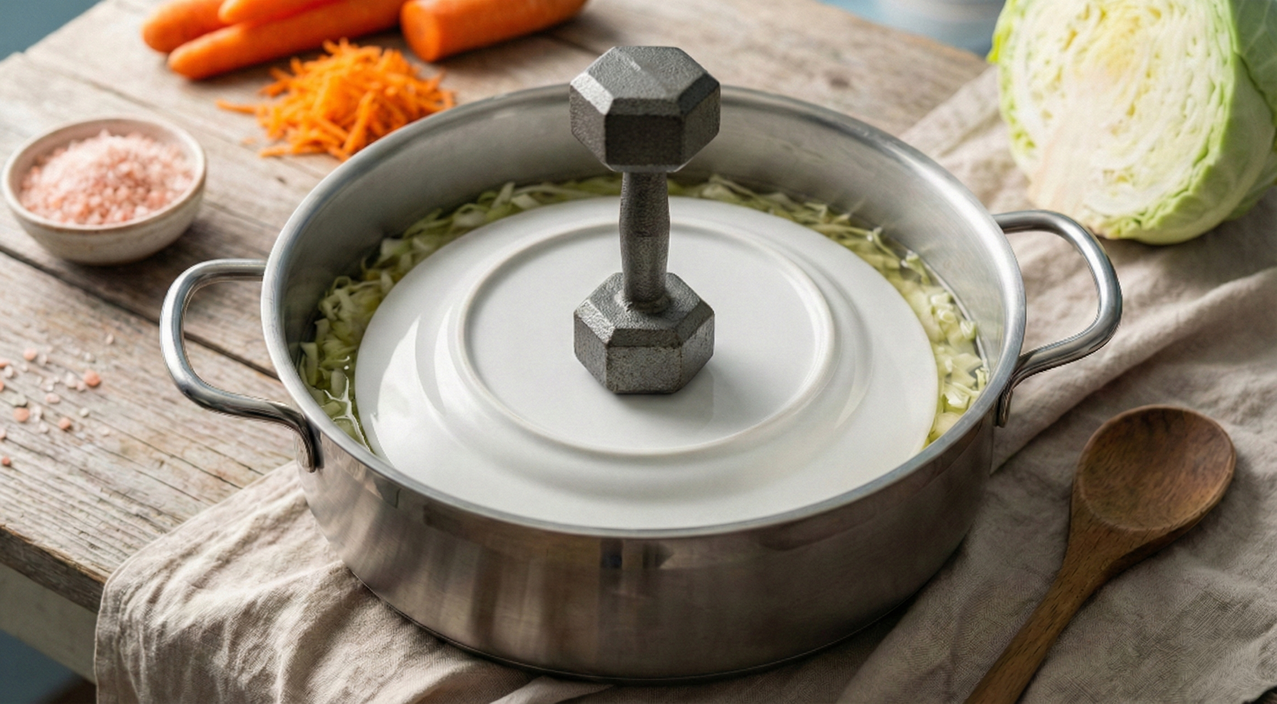 A Chinese hot pot with a metal lid and a dumbbell-shaped handle, surrounded by chopped vegetables and seasonings on a wooden table.