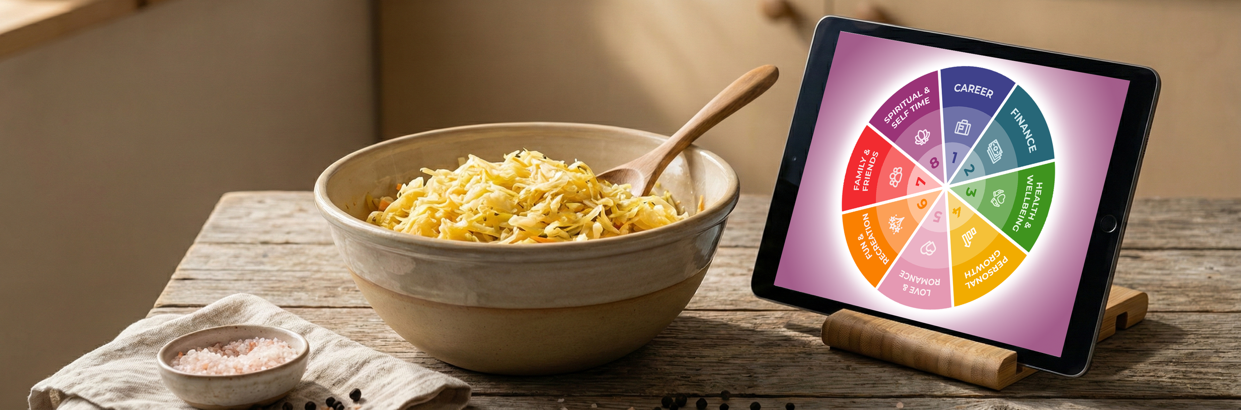 A bowl of sauerkraut with a spoon, a small bowl of pink Himalayan salt, and a colorful wheel chart on a tablet, all on a wooden table.