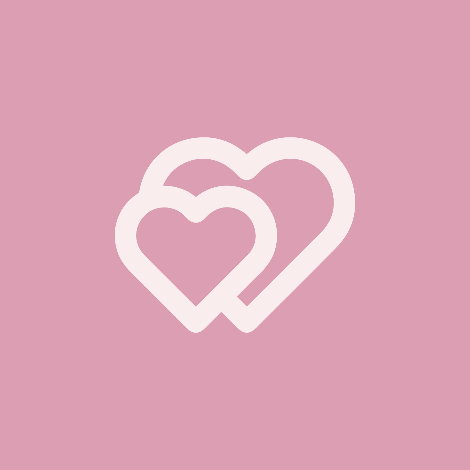 Two overlapping white outlined hearts on a pink background.
