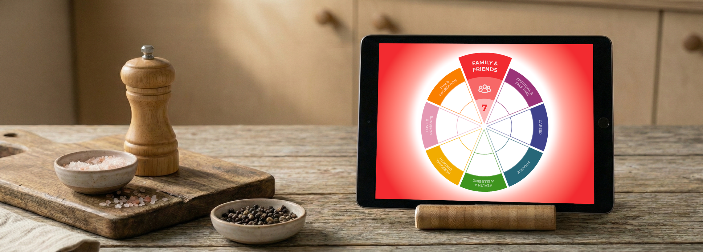 Tablet on a wooden table displaying a colorful wheel chart with segments labeled family & friends, spiritual & mental, career, finance, health & wellbeing, personal growth, love & romance, fun & recreation, and other categories. Surrounding the tablet are bowls of pink Himalayan salt, black peppercorns, and a wooden salt grinder.