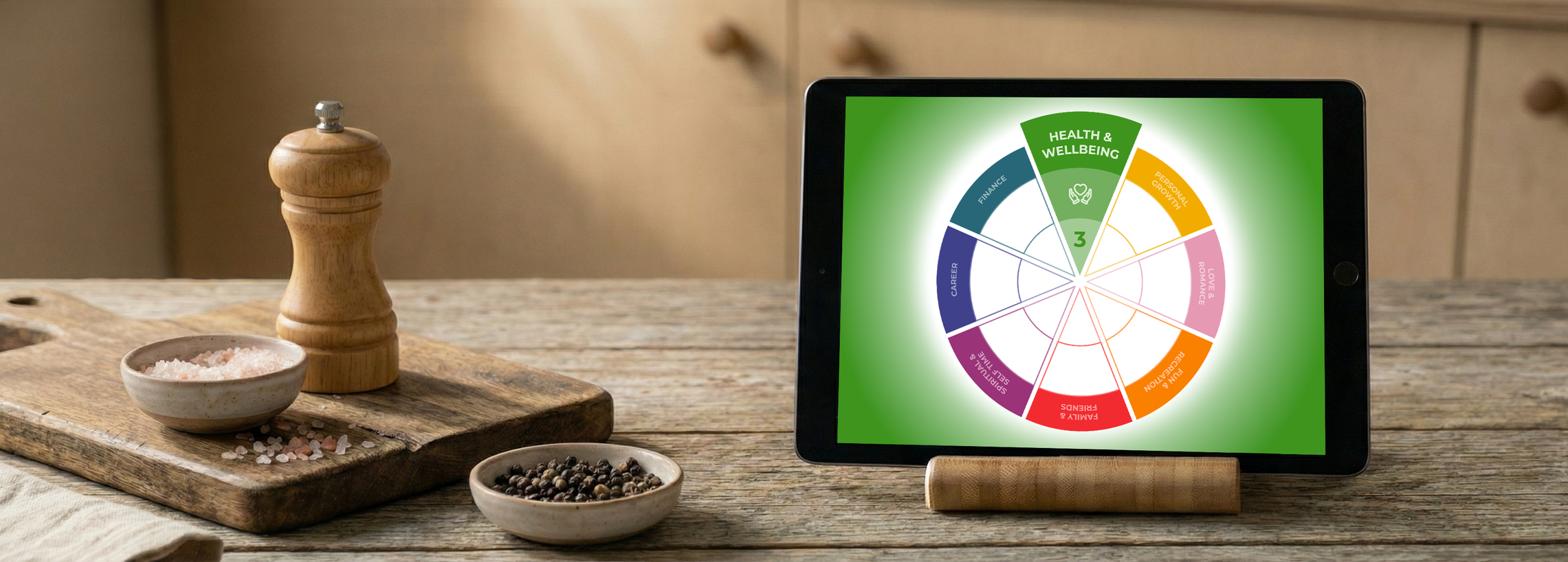 A tablet displaying a wellness wheel with segments labeled health & wellbeing, finance, career, personal growth, love & romance, fulfillment, spiritual & self-esteem, and relationships. The tablet is on a wooden table with a salt shaker and two bowls of salt and pepper nearby.
