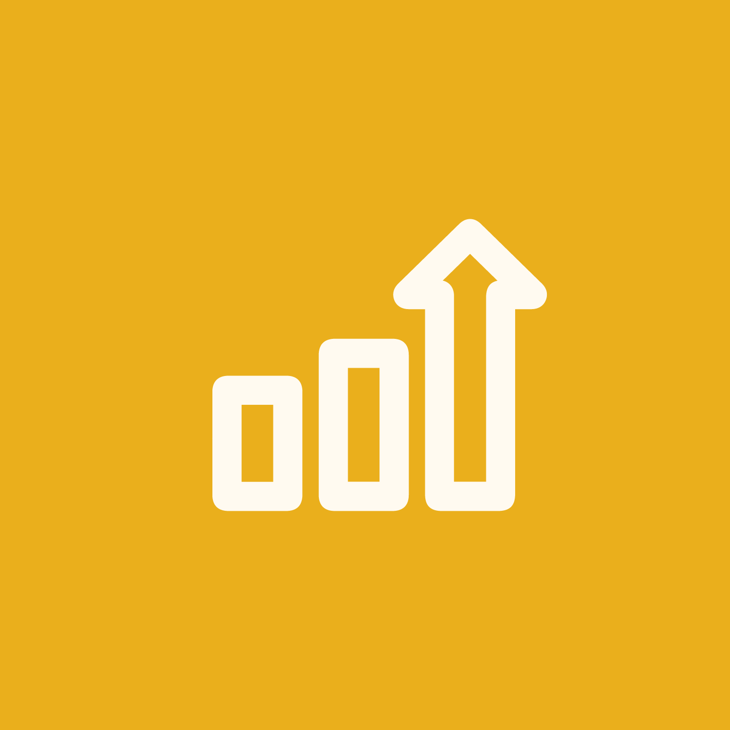White bar chart with increasing bars and an upward arrow on a yellow background.