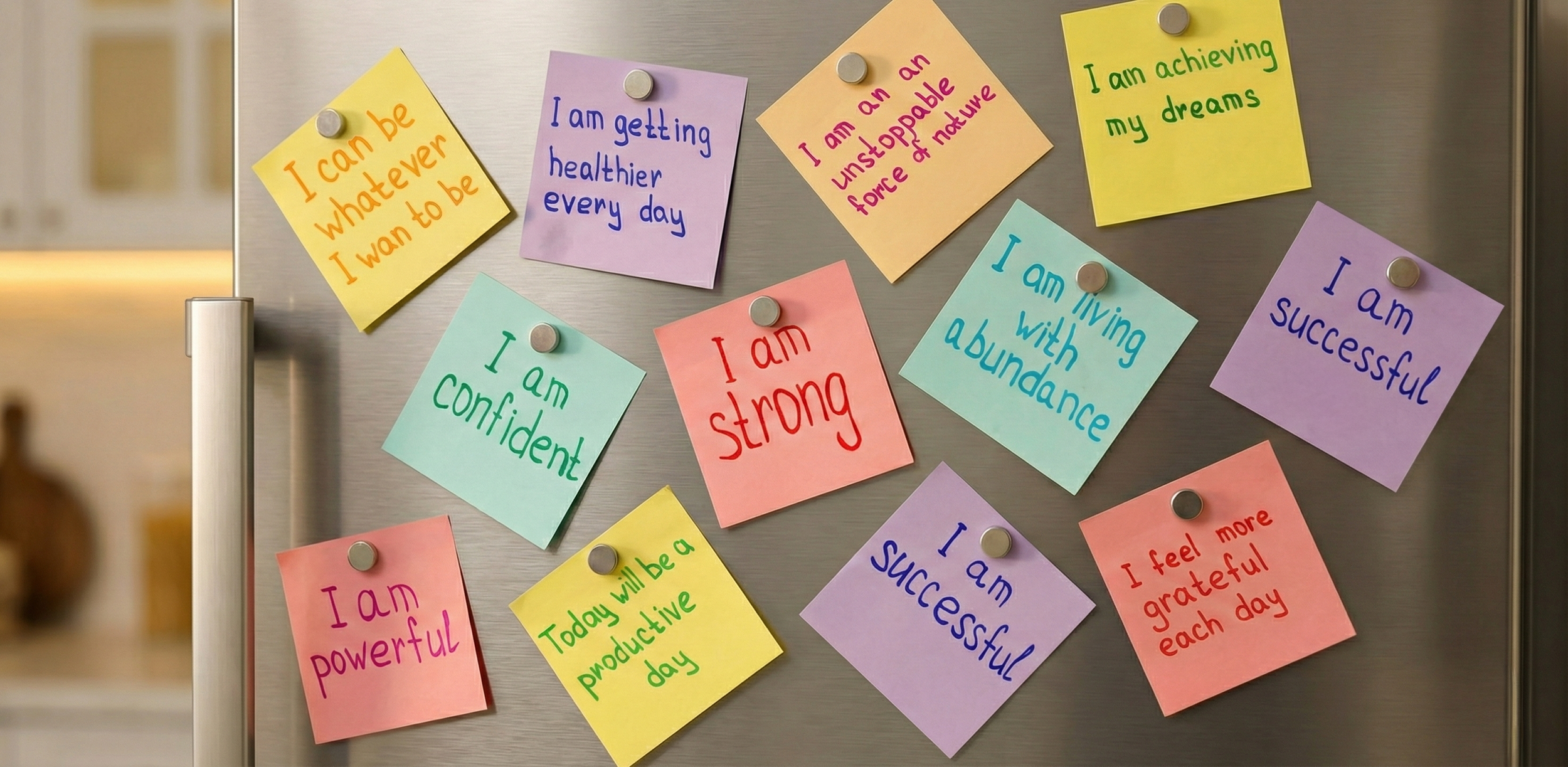 Colorful notes with positive affirmations and goals attached to a refrigerator with magnets.