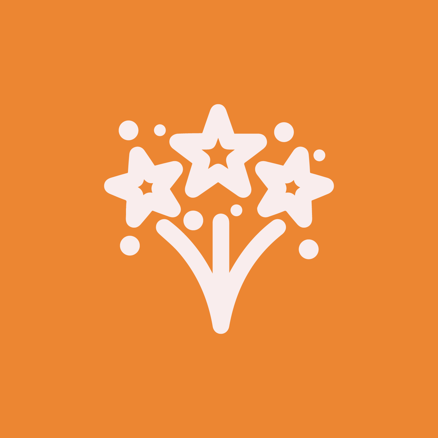 Illustration of three white stars with circles on an orange background, resembling a celebratory explosion or fireworks.