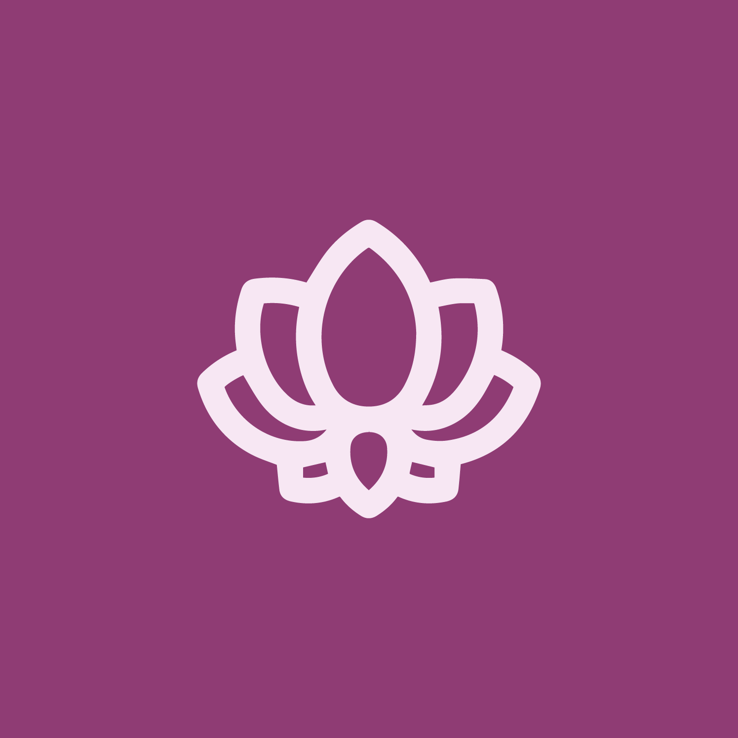 White lotus flower icon on purple background.