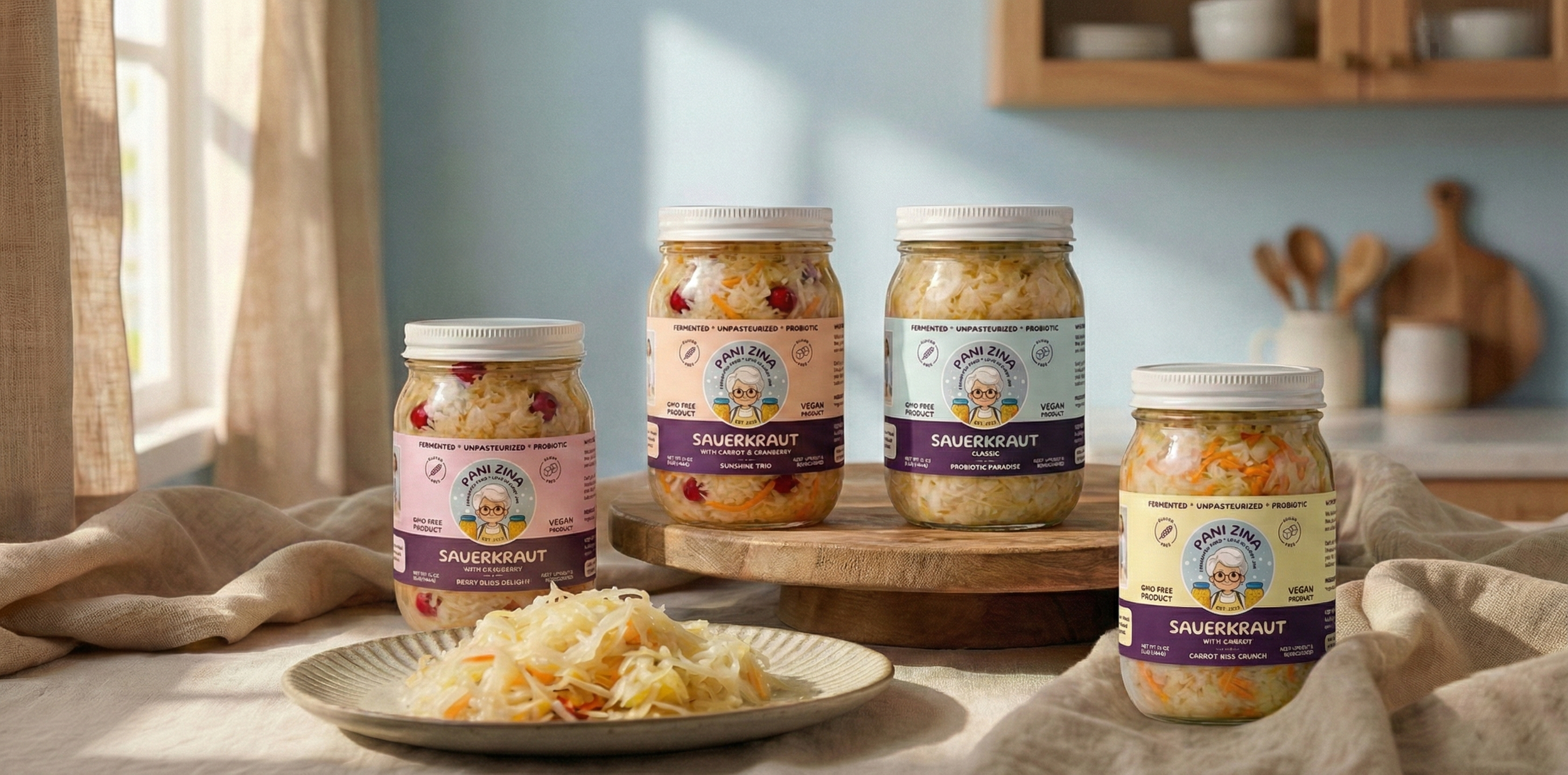 Four jars of sauerkraut with colorful labels, one jar opened with sauerkraut on a plate, set on a table with a beige cloth. Background features a light blue wall, window with curtains, and kitchen cabinets.