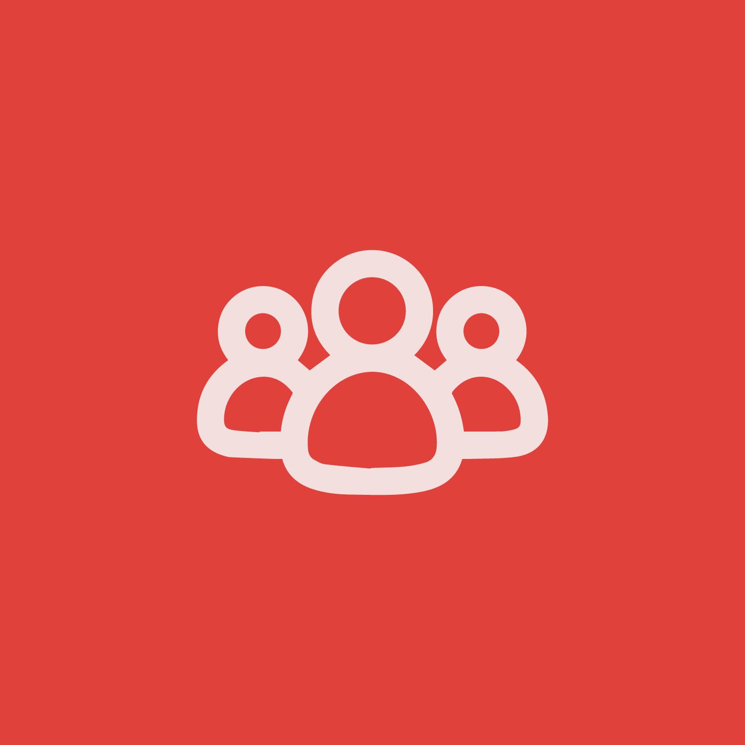 Icon of three people with a larger person in front, on a red background.