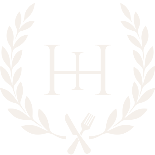 Logo with large letter 'H' within laurel wreath, crossed fork and knife at the bottom.