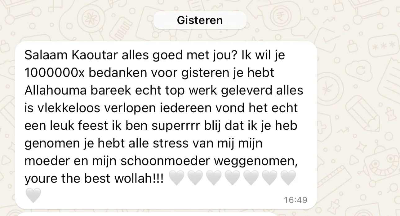 Een screenshot van een WhatsApp-bericht met een dankbetuiging, geschreven in het Nederlands, bedoeld voor iemand genaamd Kaouter.