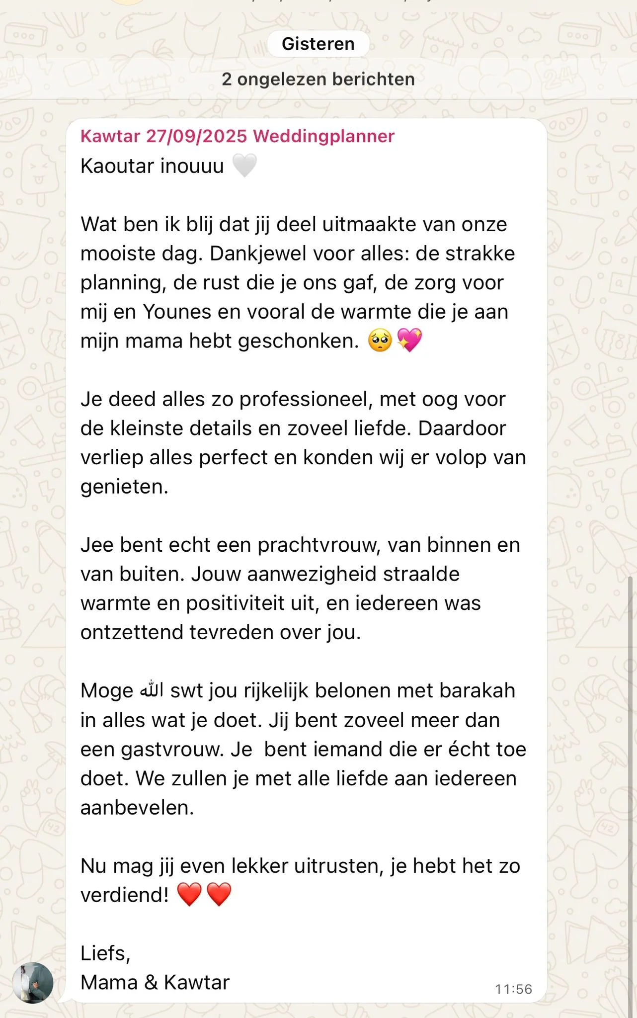 Screenshot van een WhatsApp-bericht met een bedankwoord aan een weddingplanner, geschreven door Mama & Kawtar, in het Nederlands.