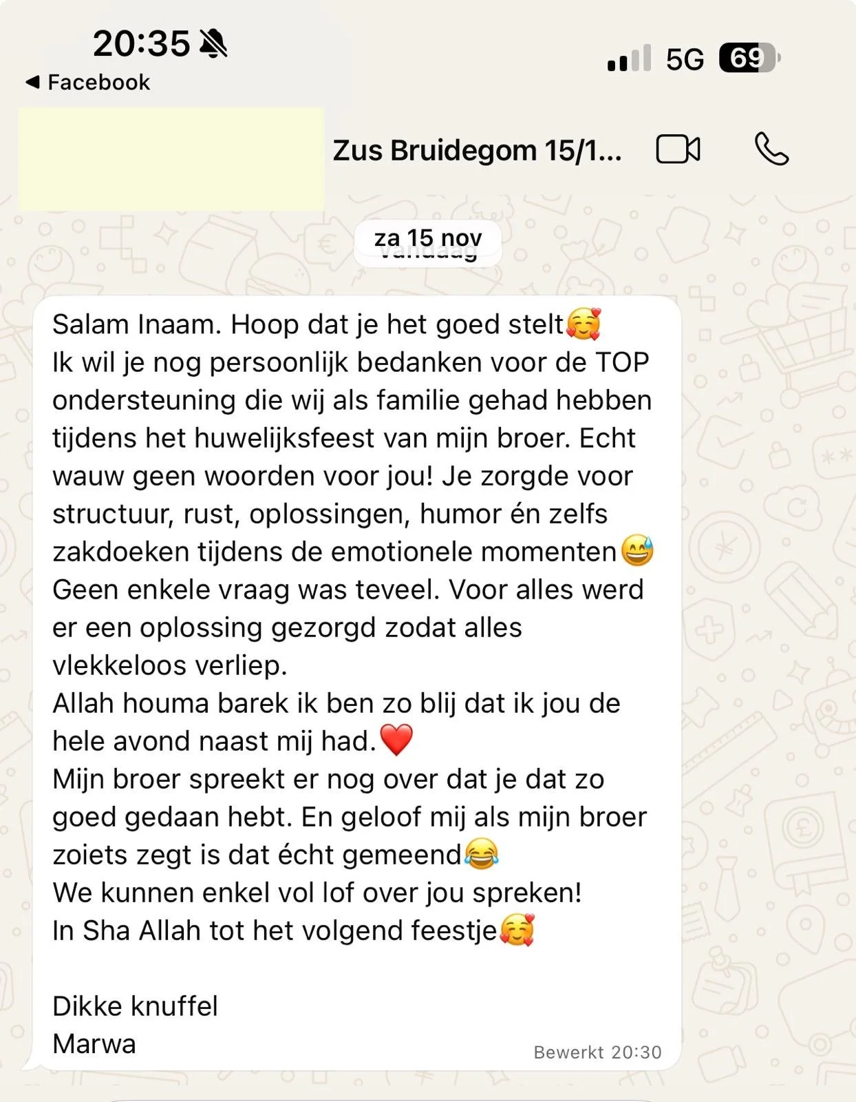 Screenshot van een WhatsApp-gesprek met een bedankbericht voor een ondersteunend familielid, geschreven in het Nederlands, met emojis en tijdsaanduiding.