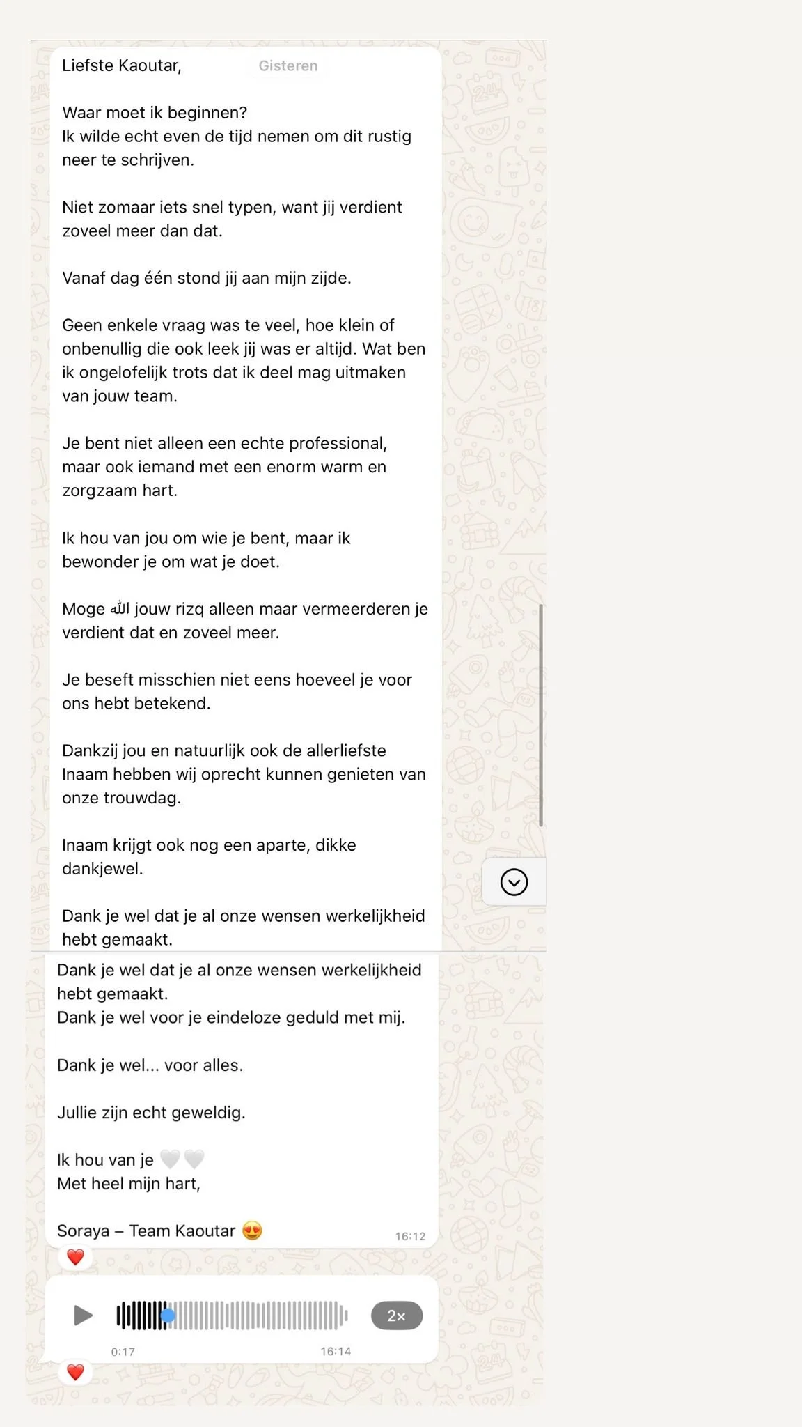 Een lange tekst in een chatgesprek waarin iemand haar waardering uitspreekt voor een andere persoon, waarschijnlijk haar partner of echtgenoot, met woorden van liefde en dankbaarheid.