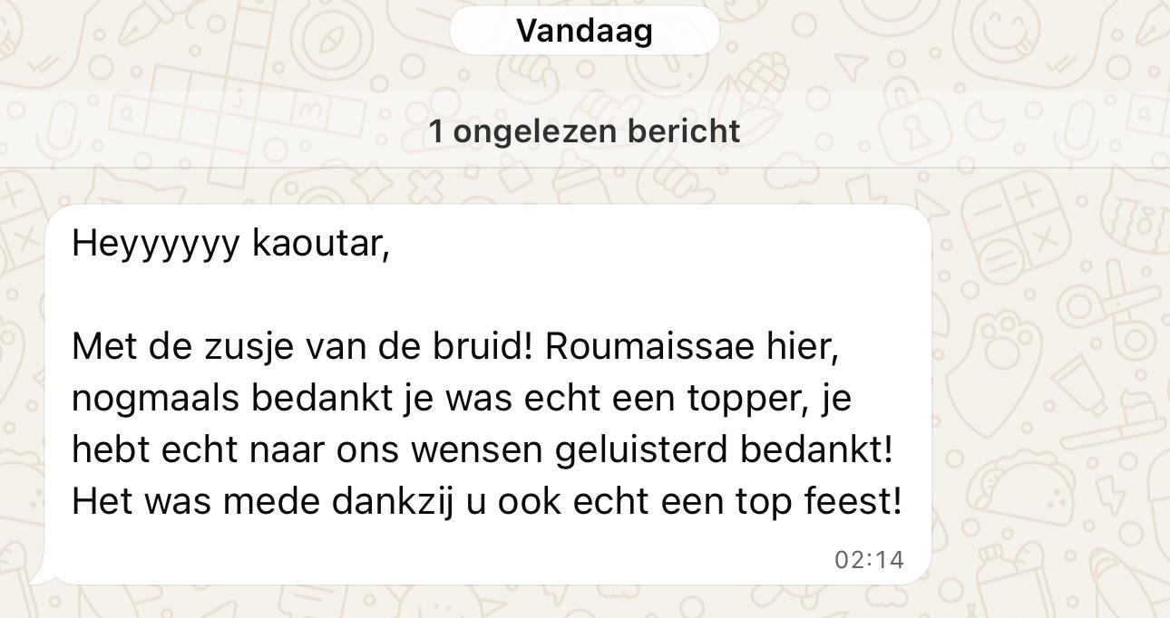 Screenshot van een WhatsApp-bericht met een bedanktekst in het Nederlands.